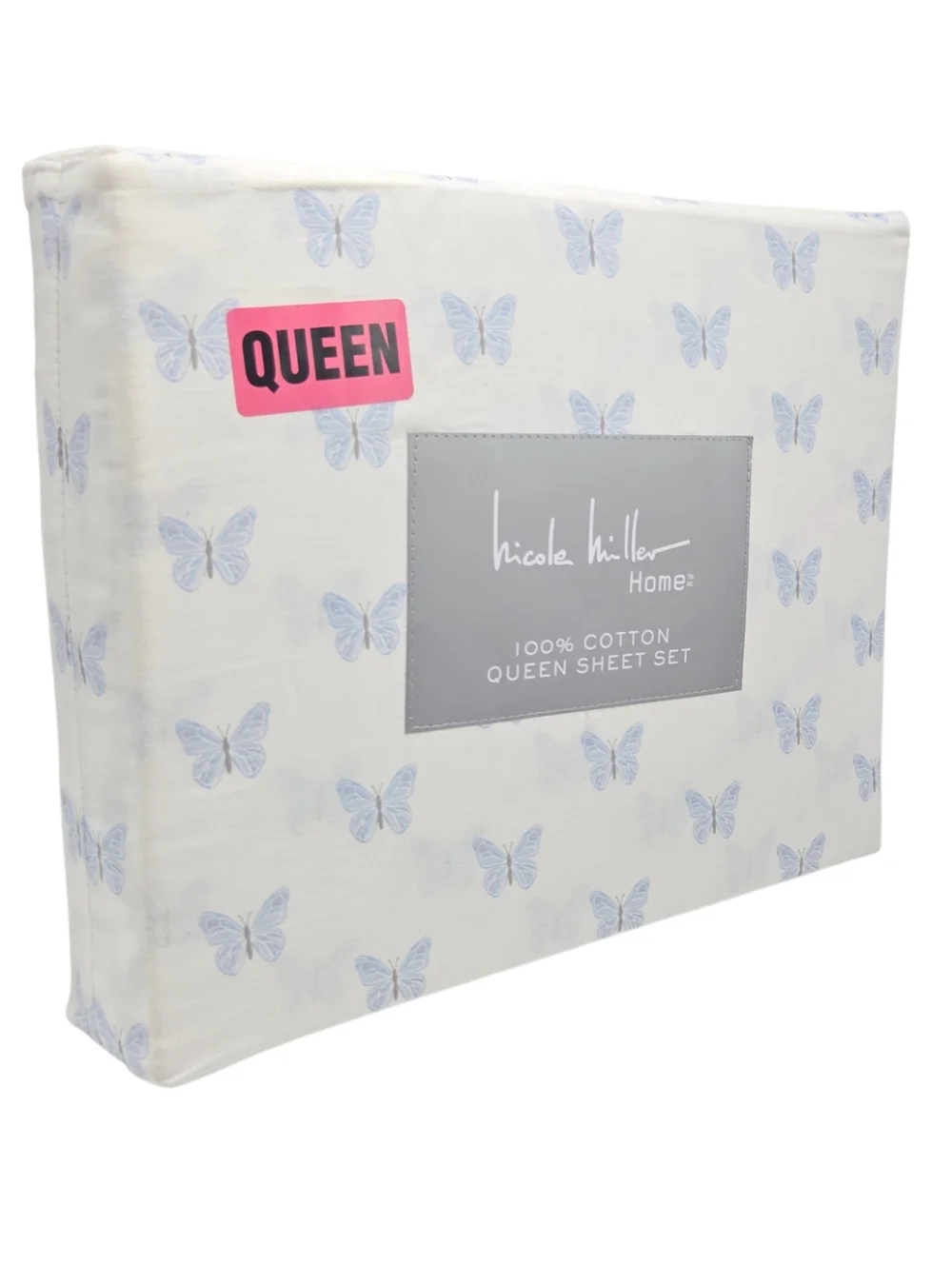 Nicole‎ Miller Queen Sheet Set of 4pc White Blue Butterfly Print 100% Cotton